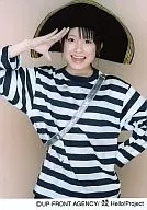 Morning Musume / Ai Takahashi / Upper Body / Costume Black / White Stripe Pattern / Left Hand Waist / Right Hand Salute / Hat Black / Shoulder Bag / Background Beige / Official Official photo