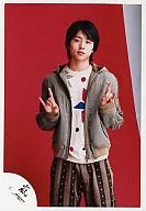 Arashi / Sho Sakurai / Knee-high / Costume white gray / Both hands fox / Background red / Official Official photo