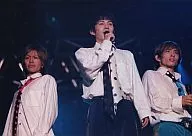 V6 / Gō Morita, Jun' ichi Okada, Ken Miyake / Live Photo, Horizontal, Costume White, Center Okada. Right Hand Microphone, Tie Polka-Dot Pattern, No Frame / Official Official photo