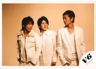 V6 / Miyake, Morita, Okada / Horizontal, Above the Knee, Costume White, Center Okada, Background Beige, Miyake Both Hands Pocket / Official Official photo