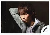 Arashi / Masaki Aiba / Horizontal, Bust up, Costume, Gray, Best Khaki, Right Hand Behind Head, Left Eye, Background Black / Official Official photo