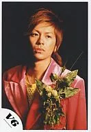 V6 / Tsuyoshi Morita / Bust up jacket red / Background black / Corsage on left chest / Top right of eye