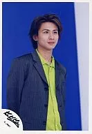 Kinki Kids / Koichi Domoto / Upper Body / Jacket Gray Stripe / Inner Yellow Green Shirt / Eye View Right / Background Blue / Official Official photo