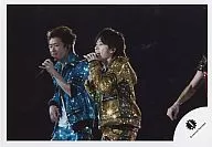 Arashi / Satoshi Ohno / Kazuya Ninomiya / Horizontal / Live Photo / Upper Body / Costume Light Blue Gold / Left Hand Microphone / Left Facing / Background Black / Official Official photo