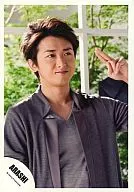 Arashi / Satoshi Ohno / Costume gray, upper body, the left fingers standing, background green, window, Your Eyes / Official Official photo