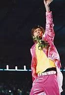 V6 / Takeshi Morita / Live Photo / Above the Knee / Costume Pink / In Yellow / Left Hand Raised / Background Black / Official Official photo