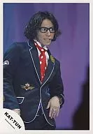 KAT-TUN / Kazuya Kamenashi / upper body / jacket black / red tie / glasses / background purple