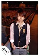 NEWS / Takahisa Masuda / Above knee / Both Hand Pockets / Vest Black / Shirt Stripe White Red / Background Seat / Official Official photo