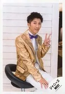 Johnny's West / Takahiro Hamada / Knee-Up, Sitting, Costume Gold, White, Left Hand Piece, Right Facing / "Johnny's West LIVE TOUR 2019 WESTV!" Goods Off-Shot / Official Official photo