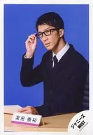 Johnny's West / Takahiro Hamada / Bust up / sitting / costume black / white / suit / right hand glasses / left facing / background blue / "Johnny's West LIVE TOUR 2019 WESTV!" goods off-shot / official Official photo