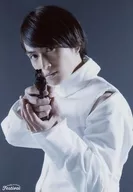 Ryo Matsuda / Upper Body, Costume White, Right Hand Gun, Body Facing Left, Background Grey / "Ryo Matsuda x Kento Ono Happy Birthday Festival" Random Bromide