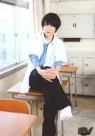 Yuta Higuchi (Yosuke) : whole body, sitting, uniform, legs, hands, knees, stage "Men are not hard, are they?" bromide