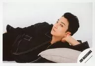 Johnnys / Jun Hasegawa / Horizontal, Above the Knee, Lying on the Floor, Costume Black, left wrist, Face Facing to the Left, Background White / Jun Hasegawa's official Official photo