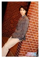 Super Express / takashi (Taiyo Matsuo) / Whole Body (Off Tarumi), Costume Grey / Check / Beige / Necktie / Left Facing / Leaning / Face Front / Left Hand Pocket / Background Brick / FC Member Limited Special Official photo Set takashi 20 nd Birth Anniversary Ver