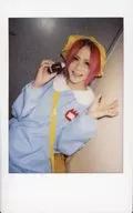 Jack Capper / English / Upper Body / Costume Light Blue / Yellow / Cap / Cosplay / Right Hand Onigiri / Left Hand Thumb / Index Finger Touch / Left Facing / Smile / Show Teeth / Raw Cheki