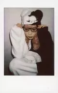 Pentagon / Nightflower / Above-the-knee / Crouching / Costume black / white / Costumed character / Both hands glasses / Background white / Costumed character Cheki