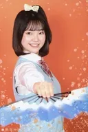 Shione Ikezawa / upper body, costume white, light blue, uniform, right hand extended, folding fan, body facing right, background orange, postcard size / Stage "Sword Dance Alice Blooming Flowers -Break a leg! -" Bromide