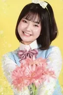 Shione Ikezawa / Upper Body, Costume white, light blue, Uniform, Flowers on both hands, Teeth show, Neck tilt, Background yellow, Postcard size / Stage "Sword Dance Alice's Blooming Flowers -Break a leg! -" Bromide
