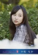Hakoirimusume / Momoka Komatsu / Bust up / Costume grey / Check pattern / Both hands hanging / Body facing left / Eye view right / Rear vegetation / Outdoor / Official Official photo