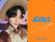 With signature Kids/Hyunjin / Orange and printed on the back / "DIICON D' FESTA MINI EDITION Stray Kids" photo card